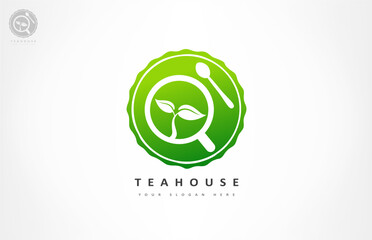 Poster - Cup with tea and saucer and tea leaf logo vector. Teahouse cafe design.