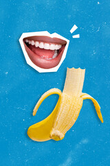 Poster - Creative 3d collage artwork postcard poster magazine sketch of mouth toothy smile want banana taste yummy isolated on drawing background