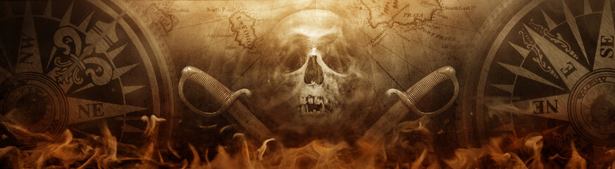 Fototapete - Pirate skull and saber and an old compass, ancient map. Background on the theme of history, pirates, corsairs, travel, geography, discoveries, sea voyages. Efect of overlay on old texture of paper.