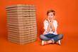 © deagreez - Full body photo of addicted boy sit floor look pile stack pizza offer tasty flavor isolated shine color background