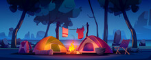 Summer Camp With Tent, Campfire And Lake