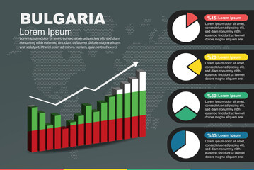 Bulgaria infographic with 3D bar and pie chart, increasing values, flag on 3D bar graph