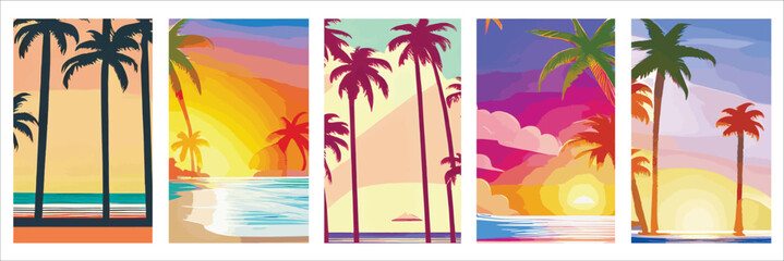 Wall Mural - Set vertical retro sunset posters set 80s and 90s style with palm trees beach. Abstract background with sunny gradient. Palm trees silhouettes. design template for logo Summer vacation. Seaside view