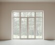 © Hanna - Classic empty room with glass house entrance. Concrete  floor, beige walls. View from the window to the forest. 3d render
