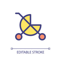 Sticker - Baby carriage pixel perfect RGB color ui icon. Children goods department. Simple filled line element. GUI, UX design for mobile app. Vector isolated pictogram. Editable stroke. Arial font used