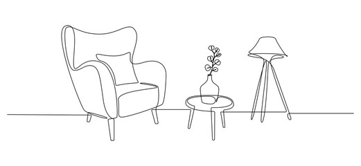 Aufkleber - One continuous line drawing of armchair and lamp and potted plant. Modern rustic furniture for living room interior in simple linear style. Editable stroke. Doodle Vector illustration