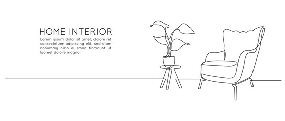 Aufkleber - One continuous line drawing of armchair and lamp and potted plant. Modern rustic furniture for living room interior in simple linear style. Editable stroke. Doodle Vector illustration