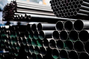 Steel pipes group for industry  material Product of engineering  construction Factory equipment iron tubes metal warehouse industrial 