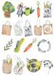 Eco watercolor illustration. Zero waste lifestyle. People sorting waste and use eco bag and reusable cup. Hand drawn elements of zero waste life. Eco-friendly character. No plastic. Flat isolated