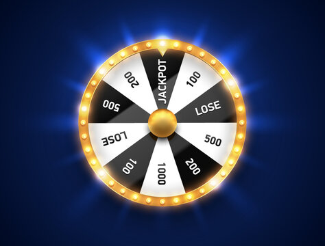 bright fortune wheel spin mashine. shiny led bulbs frame, isolated on blue background. casino banner