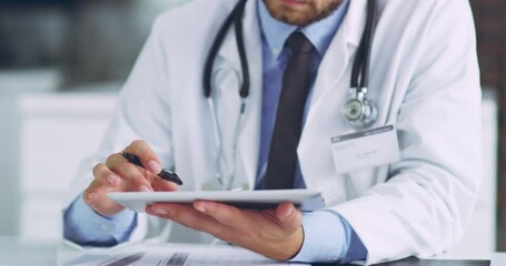 Wall Mural - Doctor hands, tablet test data and medical worker with lab data on technology in hospital clinic. Closeup healthcare man, working gp and insurance employee searching medicine in wellness health room