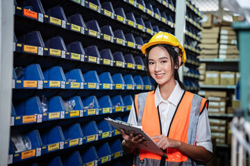 Warehouse worker check the equipment parts on the shelf  in the warehouse.