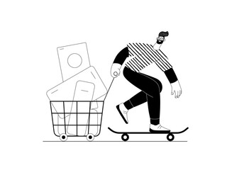 Express shopping -Online shopping and electronic commerce series - modern flat vector concept illustration, man on skateboard with shopping basket. Promotion, discounts, sale and online orders concept