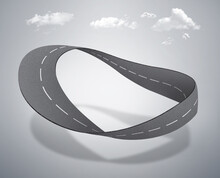 3d Illustration Of Floating Circle Road Design. Flying Asphalt Road Or Race Track With Creative Concept Isolated With Clouds