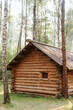 The exterior is a rustic wooden log house outdoors. Vertical view