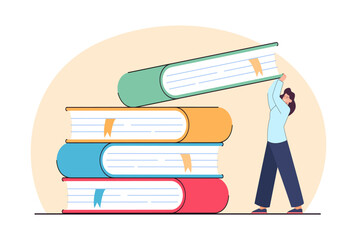 Wall Mural - Tiny female student taking huge book off stack. Cartoon woman with big notebooks or textbooks flat vector illustration. Education, literature concept for banner, website design or landing web page