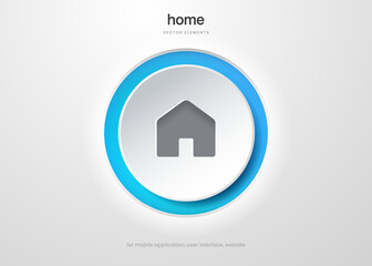 Poster - 3d minimal modern home, homepage, base, main page, house push button icon emblem symbol, sign. 3d blue home icon. Mobile app icons. Device UI UX mockup. Isolated vector elements. 