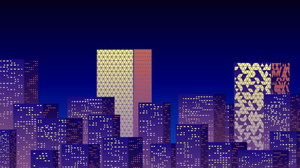 Wall Mural - Neon night in the business city with skyscrapers. Purple highrise cityscape background in 80s style with neon lights in the windows.