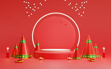 minimal scene, design for Diwali festival product display podium, 3d render with fireworks in red background