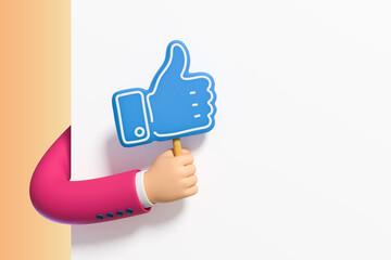 Wall Mural - 3d render, funny cartoon character hand in red sleeve, hand with thumbs up sign to blank banner with copy space, white background. Advertisement poster mockup, attention concept