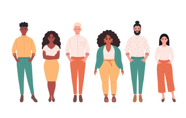 Modern people of different ages, races, body types in office outfit. Stylish fashionable look. Office workers, business team. Social diversity of people. Hand drawn vector illustration