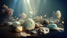 Floating Pebbles And Bright Sunbeams Underwater Closeup