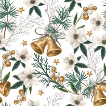 Seamless Pattern With Christmas Botanical Plants, Flowers And Bells. Textile Or Wallpaper Print.