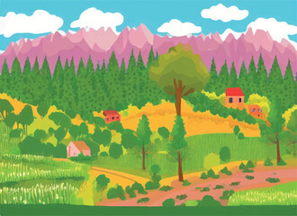 Poster - Nature and landscape. Vector illustration of trees, forest, mountains, flowers, plants, houses, fields, farms and villages. Picture for background, card or cover