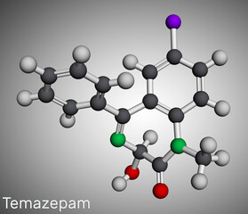 Wall Mural - Temazepam drug molecule. It is benzodiazepine, used to treat panic disorders, severe anxiety, insomnia.. Molecular model. 3D rendering