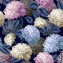 Seamless botanical pattern with hydrangeas. Vector