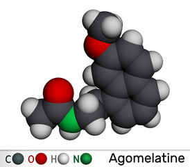 Poster - Agomelatine molecule. It is atypical antidepressant,  used to treat major depressive disorder. Molecular model. 3D rendering.