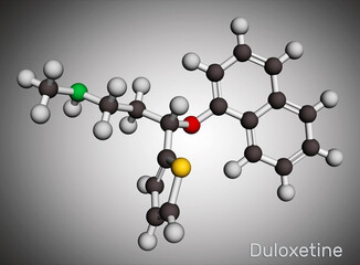 Sticker - Duloxetine antidepressant  drug molecule. It is used to treat  anxiety disorder, neuropathic pain, osteoarthritis. Molecular model. 3D rendering.