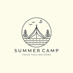 Wall Mural - camp with linear and emblem style logo vector illustration. tent, adventure icon template design