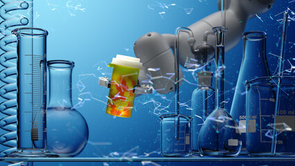 Wall Mural - modern high tech authentic robot arm holding bottle of pills.