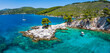 Panoramic view of the famous Amarantos Cape with three Pine Trees known from the Mamma Mia movie, Skopelos island, Sporades, Greece