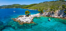 Panoramic View Of The Famous Amarantos Cape With Three Pine Trees Known From The Mamma Mia Movie, Skopelos Island, Sporades, Greece