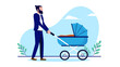Dad walking with baby pram - Vector illustration of father with paternity leave out on a walk with stroller in flat design with white background