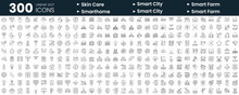 Set Of 300 Thin Line Icons Set. In This Bundle Include Skin Care, Smart City, Smart Farm, Smart Home