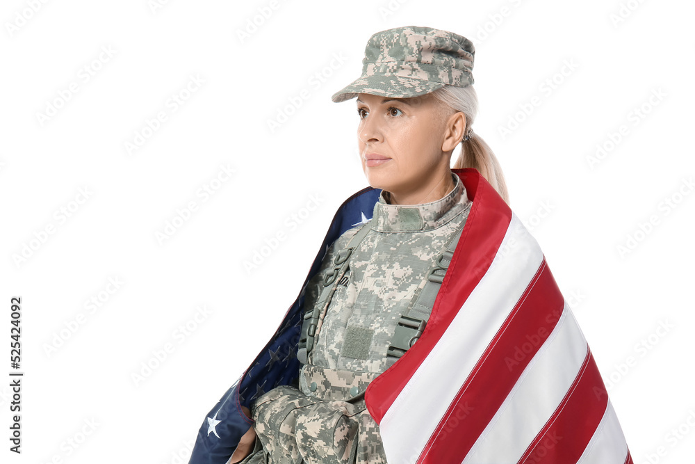 Mature female soldier with USA flag on white background