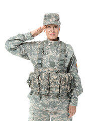 Wall Mural - Mature female soldier saluting on white background