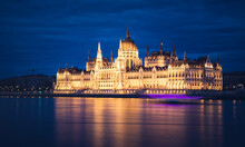 Hungary  Budapest  Twilight At Danube River With Lit Up Hungarian Parliament Building