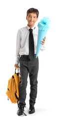 Wall Mural - Little boy with school cone and backpack on white background