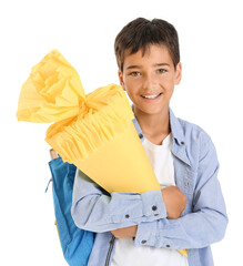 Wall Mural - Little boy with yellow school cone on white background