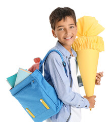 Wall Mural - Little boy with yellow school cone and backpack on white background