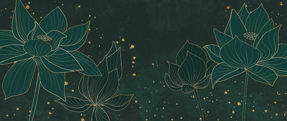 Dark art background with lotus flowers in golden line style. Hand drawn botanical banner for decoration design, wallpaper, packaging, print, textile, interior design, invitations.