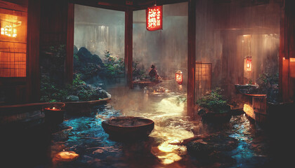 Wall Mural - Fantasy Japanese landscape. Japanese hot springs, ancient architecture. 3D illustration.