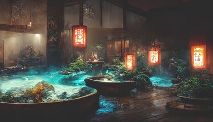 Sticker - Fantasy Japanese landscape. Japanese hot springs, ancient architecture. 3D illustration.