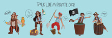 Set Of Pirates On Light Blue Background. Talk Like A Pirate Day