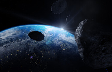 Wall Mural - planet earth from the space at night and asteroid