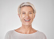 Senior woman with smile for dental health, beauty skincare and content face against studio mockup background. Portrait of happy model with healthy teeth, facial makeup and wellness in retirement